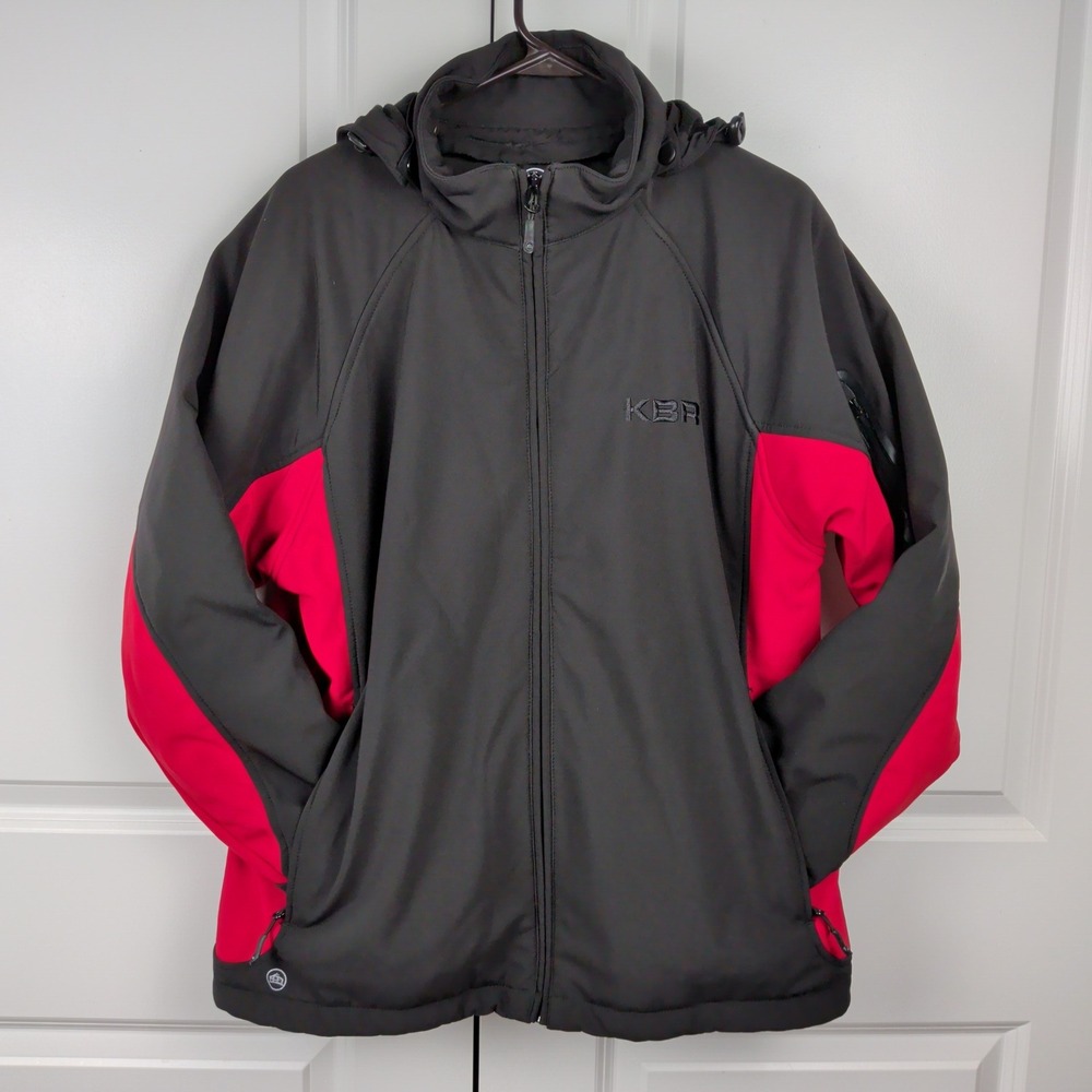 Gorpcore Performance Softshell Jacket Mens XL Black Red Hooded Pockets Hiking